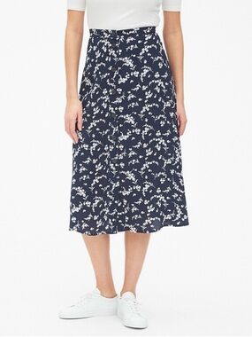 GAP Navy and White Floral Button-Front Midi Skirt